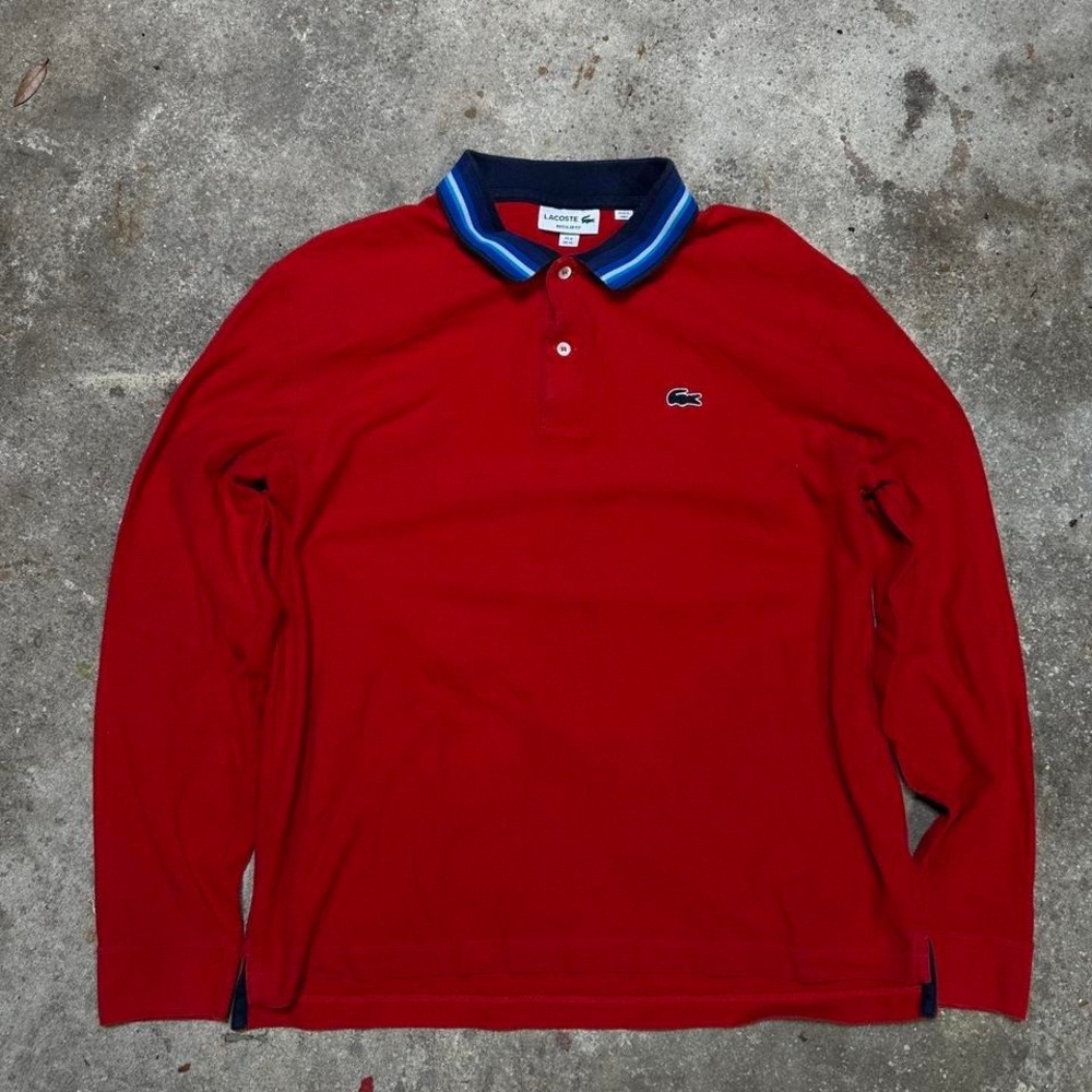 *SOLD* Lacoste red long sleeve polo shirt w navy striped collar Size Lg